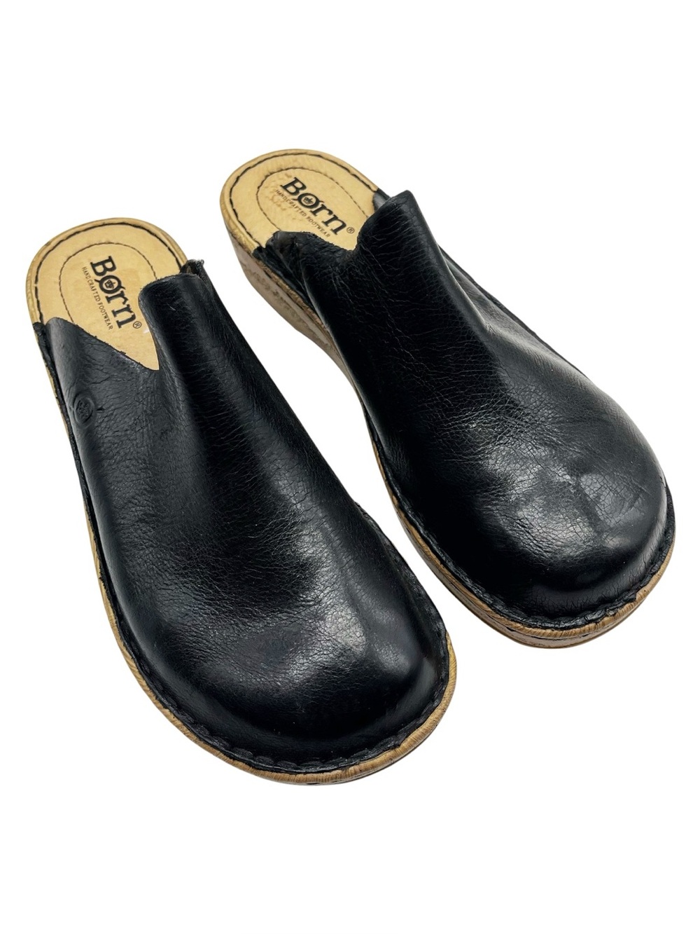 Born Andy Womens Leather Wooden Print Platform Clogs in Black US SIZE 6M